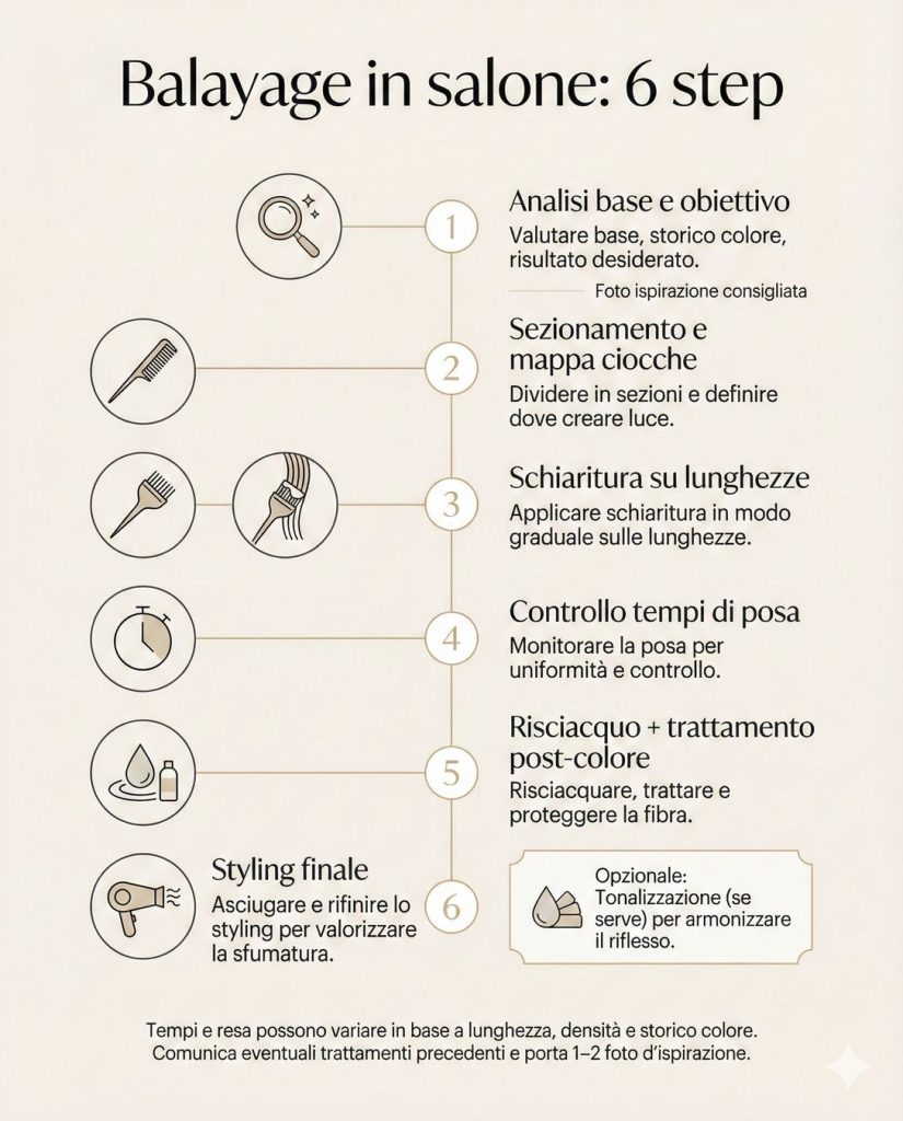 Infografica “Balayage in salone: 6 step” con fasi: analisi base, sezionamento, schiaritura, controllo posa, risciacquo e trattamento, styling finale, tonalizzazione opzionale