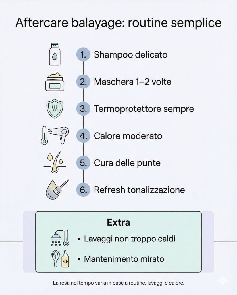 Infografica “Aftercare balayage: routine semplice” con 6 consigli: shampoo delicato, maschera 1–2 volte, termoprotettore sempre, calore moderato, cura delle punte, refresh tonalizzazione; extra: lavaggi non troppo caldi e mantenimento mirato.