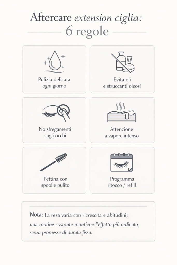 Infografica aftercare extension ciglia: 6 regole (pulizia delicata ogni giorno, evita oli e struccanti oleosi, no sfregamenti sugli occhi, attenzione a vapore intenso, pettina con spoolie pulito, programma ritocco/refill) con nota cautela.