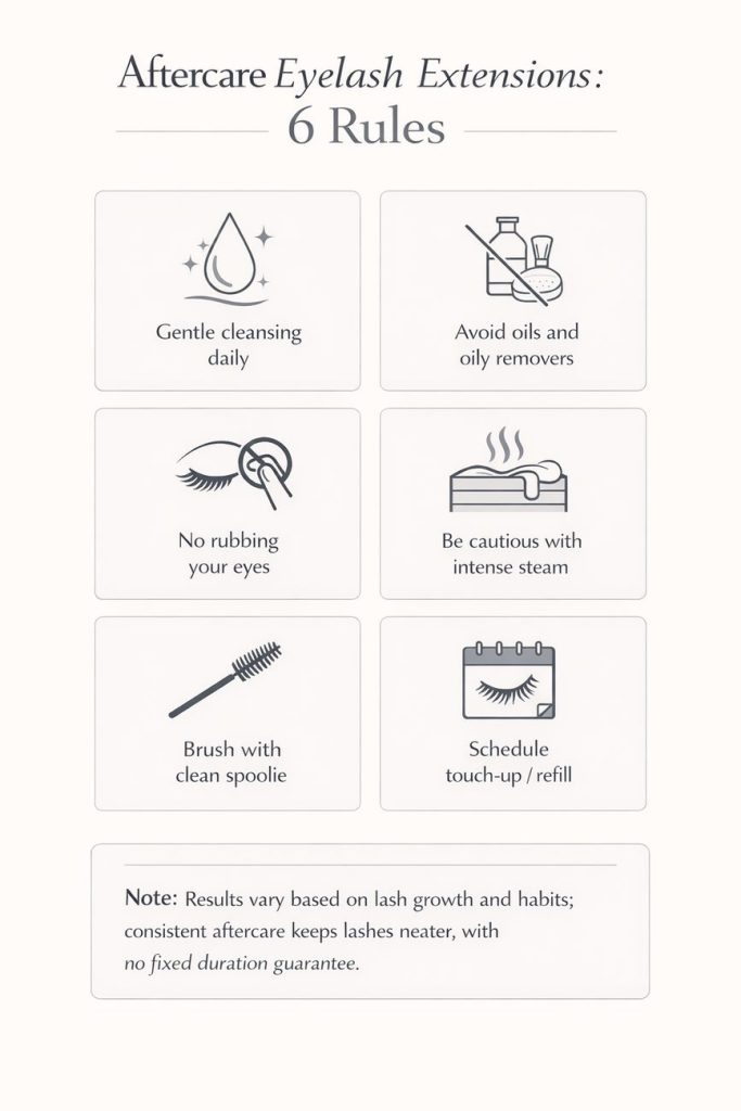 Infographic: aftercare eyelash extensions, 6 rules—gentle cleansing daily, avoid oils and oily removers, no rubbing eyes, avoid intense steam, brush with clean spoolie, and schedule touch-up/refill, with aftercare note.