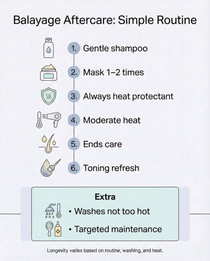 Balayage aftercare routine infographic with 6 steps: gentle shampoo, mask 1–2 times, heat protectant, moderate heat, ends care, toning refresh