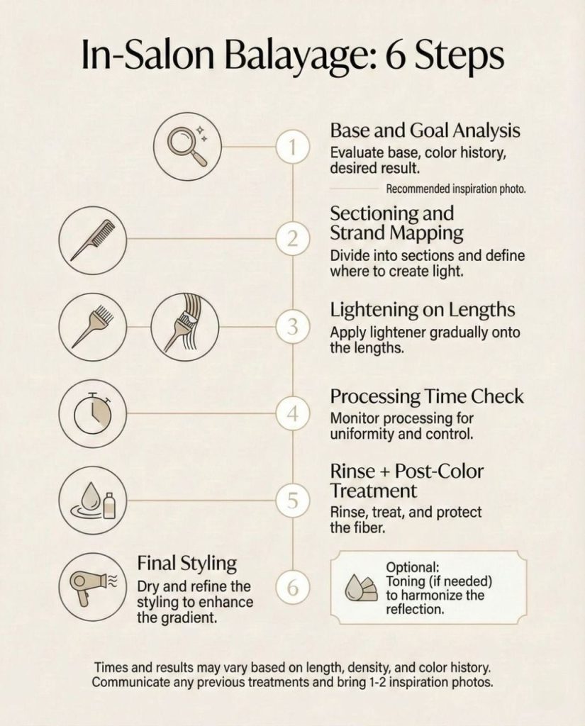 Balayage hair color technique infographic: 6 salon steps from base analysis and sectioning to lightening, rinse, and final styling.