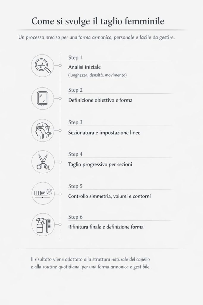 Infografica: come si svolge il taglio femminile in 6 step — analisi iniziale, definizione obiettivo e forma, sezionatura e impostazione linee, taglio progressivo per sezioni, controllo simmetria/volumi/contorni, rifinitura finale e definizione forma.