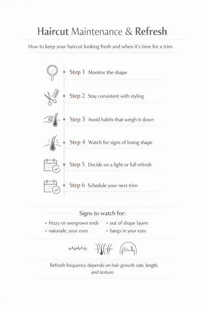 Infographic on haircut maintenance and refresh with 6 steps: monitor shape, keep styling consistent, avoid weighing habits, watch for loss of shape, choose light or full refresh, and schedule the next trim.