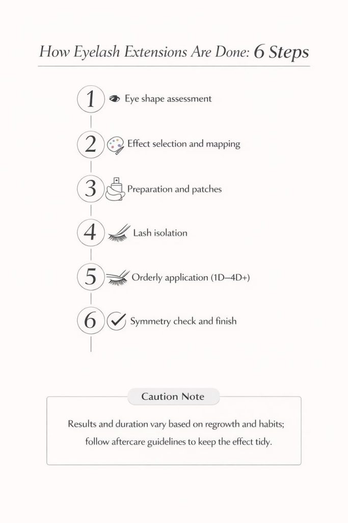 Infographic showing how eyelash extensions are done in 6 steps: eye shape assessment, effect selection and mapping, preparation and patches, lash isolation, orderly application (1D–4D+), and symmetry check with finish, plus caution note.