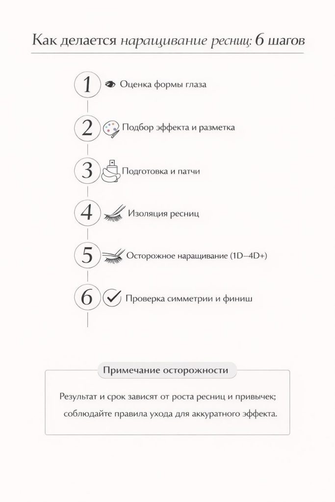Инфографика: как делается наращивание ресниц в 6 шагов — оценка формы глаза, подбор эффекта и разметка, подготовка и патчи, изоляция ресниц, аккуратное наращивание (1D–4D+), проверка симметрии и финиш, с примечанием по уходу