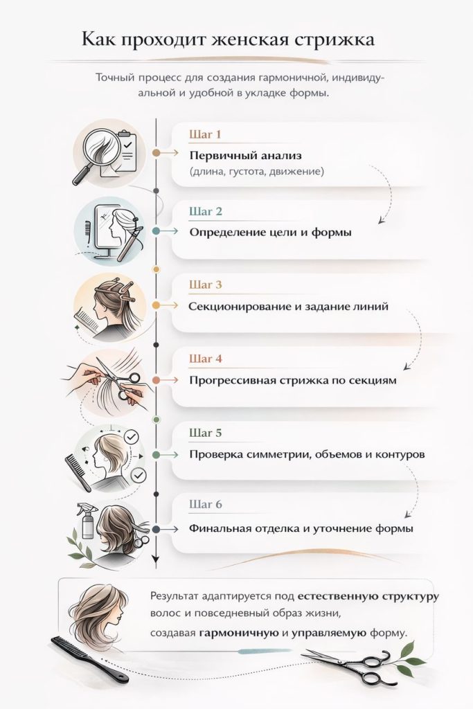 Инфографика «Как проходит женская стрижка» — 6 шагов: первичный анализ, определение цели и формы, секционирование и задание линий, прогрессивная стрижка по секциям, проверка симметрии/объемов/контуров, финальная отделка и уточнение формы.