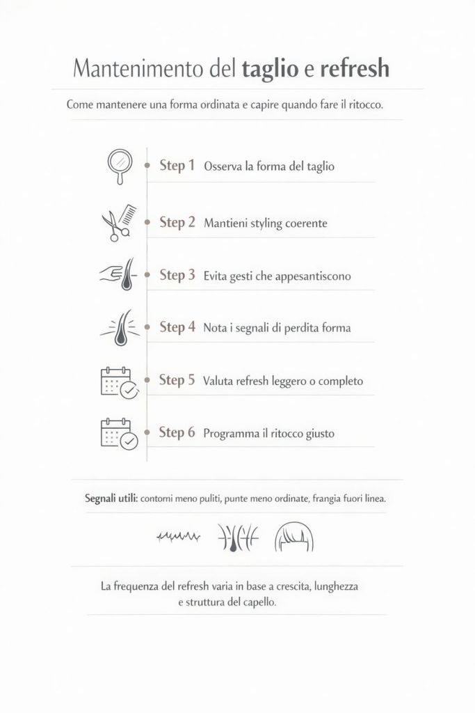 Infografica sul mantenimento del taglio e refresh: 6 step per mantenere la forma ordinata, riconoscere i segnali di perdita forma e programmare il ritocco giusto.