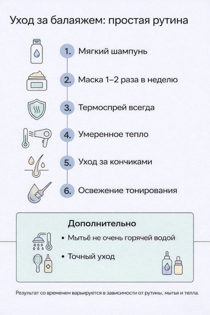 Инфографика: уход за балаяжем — простая рутина (мягкий шампунь, маска 1–2 раза в неделю, термоспрей, умеренное тепло, уход за кончиками, освежение тонирования; дополнительно — мытьё не очень горячей водой и точный уход).