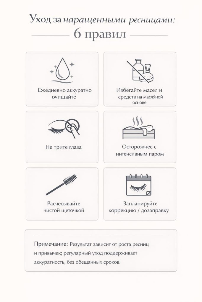 Инфографика «Уход за наращенными ресницами: 6 правил» — ежедневное аккуратное очищение, избегать масел и средств на масляной основе, не тереть глаза, осторожнее с интенсивным паром, расчесывать чистой щеточкой, запланировать коррекцию/дозаправку, с примечанием по уходу.