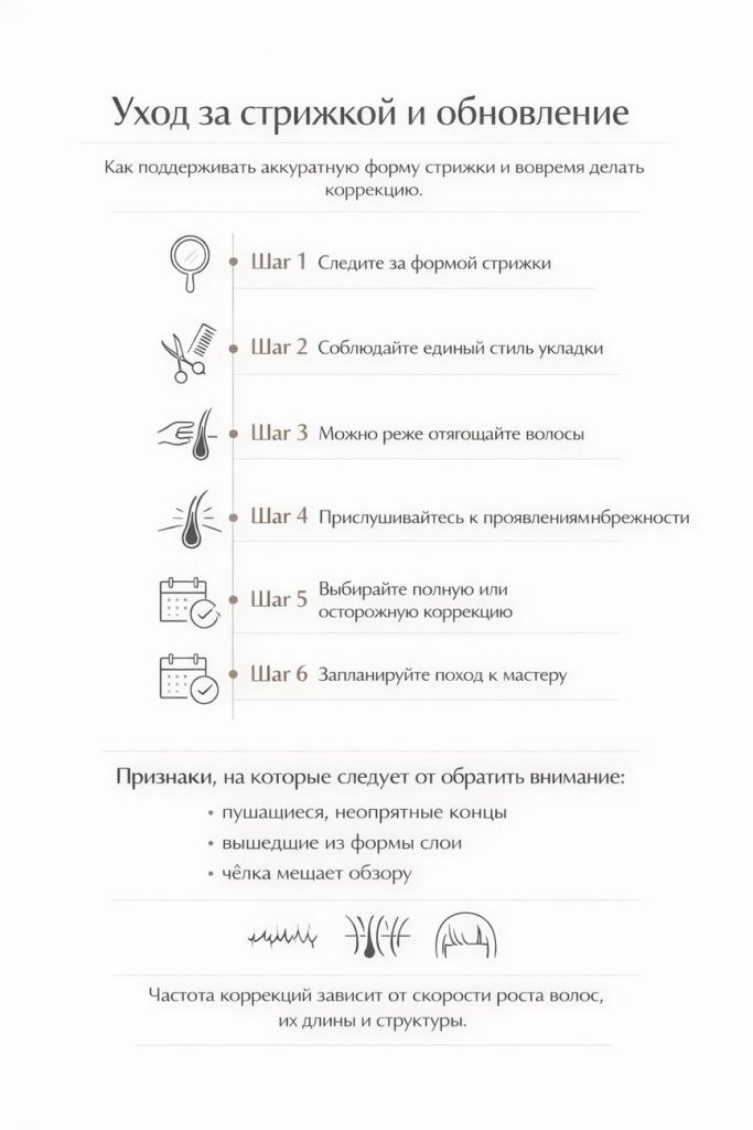 Инфографика об уходе за стрижкой и обновлении: 6 шагов по поддержанию формы стрижки, признакам для коррекции и выбору времени следующего визита к мастеру.