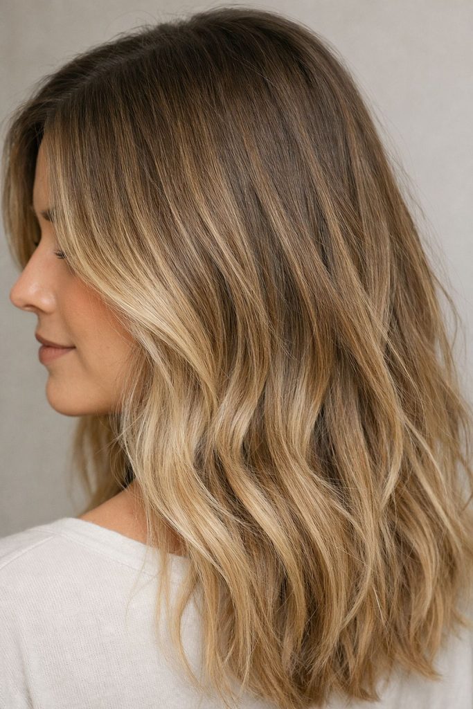 Balayage biondo naturale su base castana media con sfumatura morbida e schiariture luminose sulle lunghezze