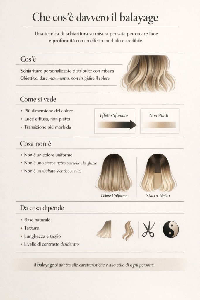 Infografica che spiega che cos’è davvero il balayage: schiariture su misura, effetto sfumato e risultato naturale