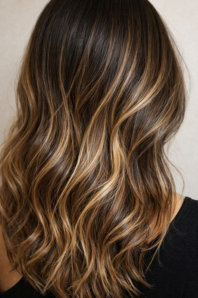 Dettaglio di capelli con sfumatura morbida, profondità e contrasto visibile sulle lunghezze nel confronto tra balayage, ombré e shatush