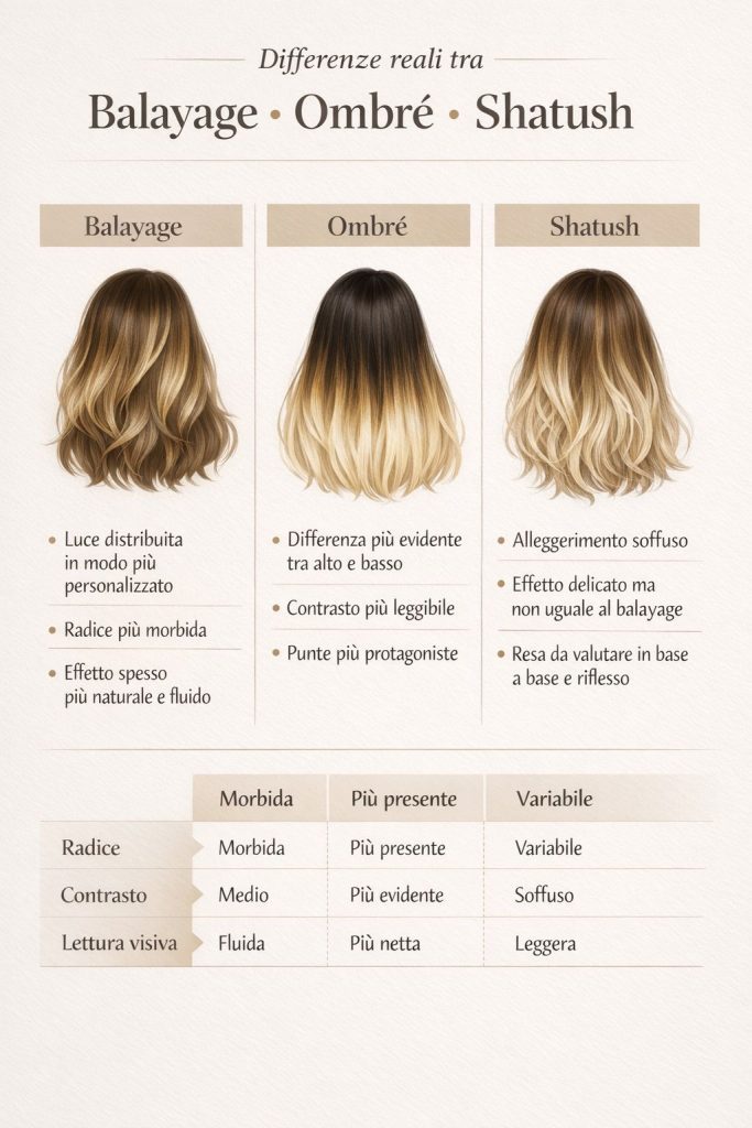 Infografica sulle differenze tra balayage, ombré e shatush con confronto visivo di radice, contrasto ed effetto finale