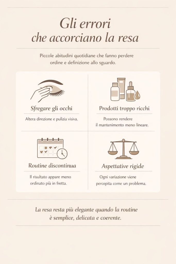 Infografica sugli errori che riducono la durata estetica delle extension ciglia: sfregare gli occhi, prodotti troppo ricchi e routine discontinua