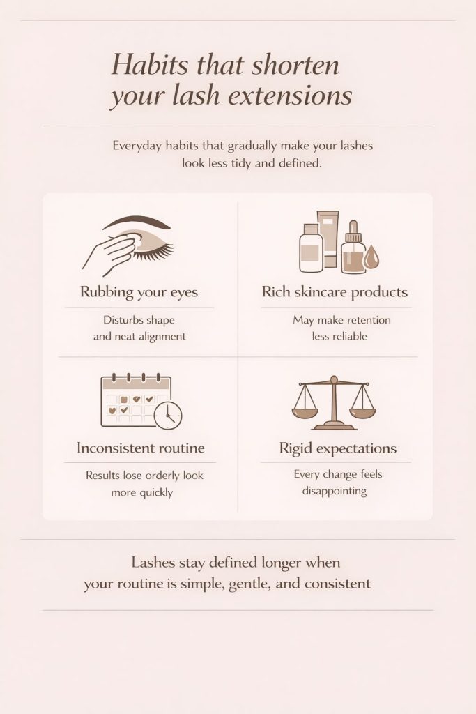 Infographic about habits that shorten lash extension retention, including rubbing your eyes, rich skincare, and inconsistent aftercare