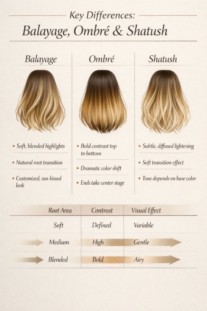 Infographic comparing balayage, ombré and shatush with visual examples of root transition, contrast and overall hair effect