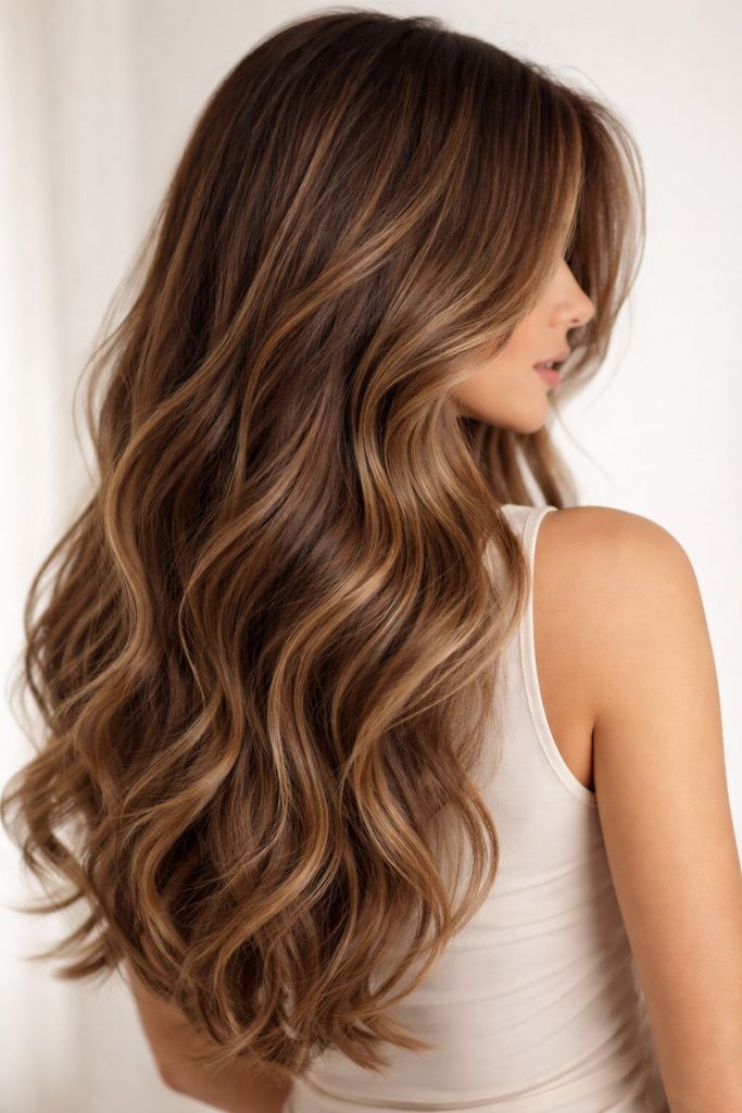 Capelli castani con schiariture morbide e luminose come riferimento visivo neutro per confrontare balayage, ombré e shatush