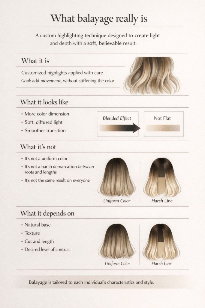 Infographic explaining what balayage really is: custom highlighting, soft color transition, natural dimension, and believable results