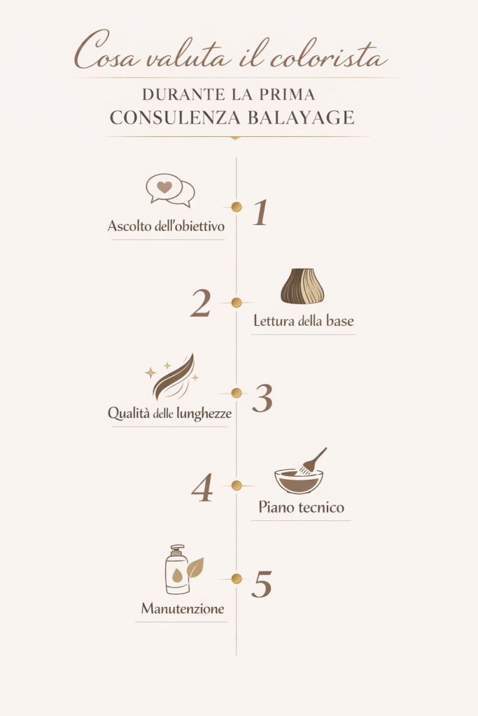 Infografica sulle fasi della consulenza balayage: obiettivo, base, lunghezze e manutenzione